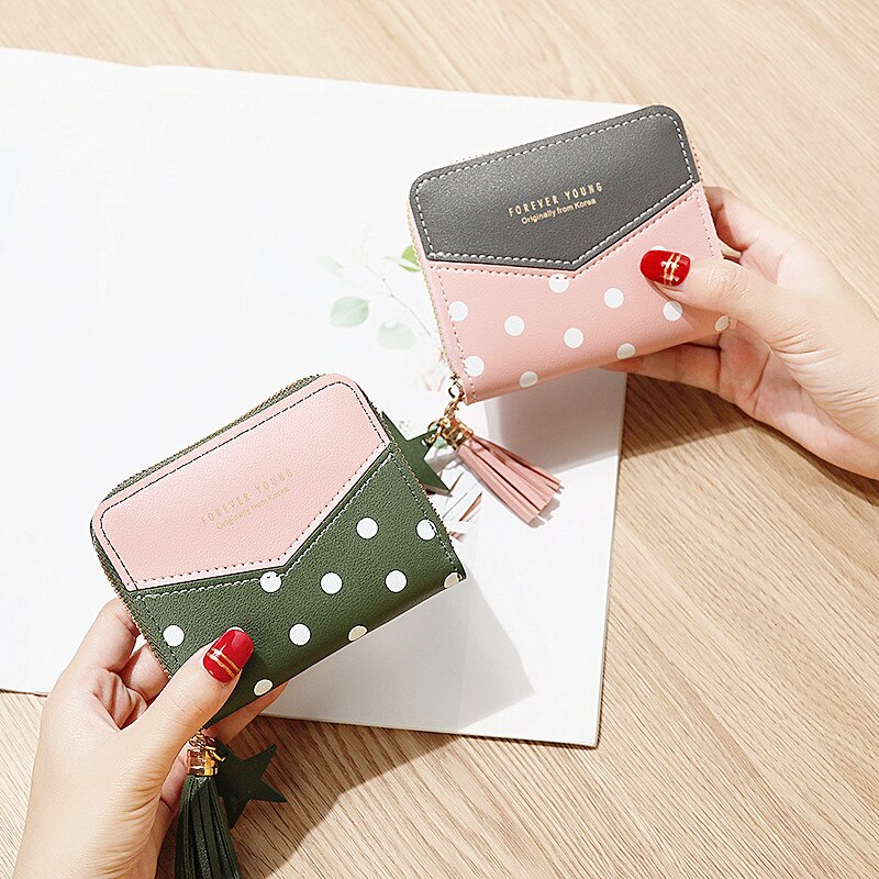 Korte Portemonnees Dame Portemonnee Kwasten Rits Vrouwen Dots Wallet Bag Kaarten Id Houder Meisjes Portefeuilles Geldzakken Notecase Pocket Poucht