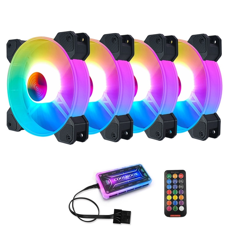 COOLMOON F-YH Computer Case PC Cooling Fan RGB Adjust 120mm Quiet + IR Remote Computer Cooler RGB CPU Case Fan Four In One