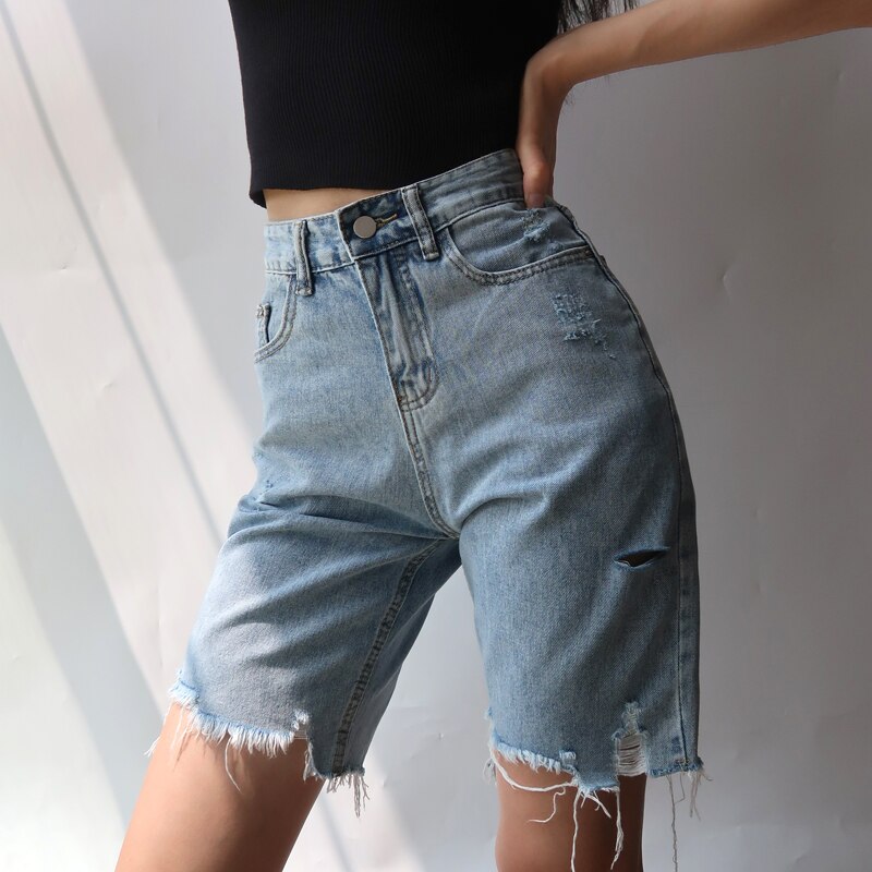 Hoge Taille Gat Slanke Fietser Denim Bermuda Vintage Zomer Vrouw Jeans