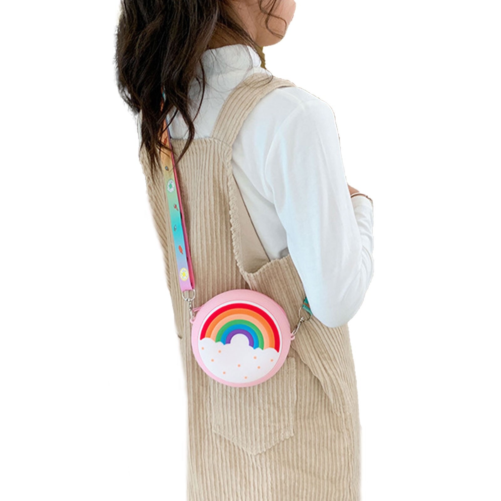 Kids Shoulder Bag Cross-Body Pack Round Adjustable Wide Strap Travel Large Capacity Rainbow Donut Printed Pockets