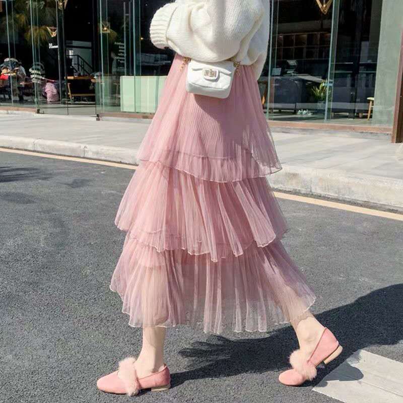 frühjahr und sommer neue kuchen rock plissee rock gaze rock rock frauen lange abschnitt fee net garn rock lange rock: Rosa / XL