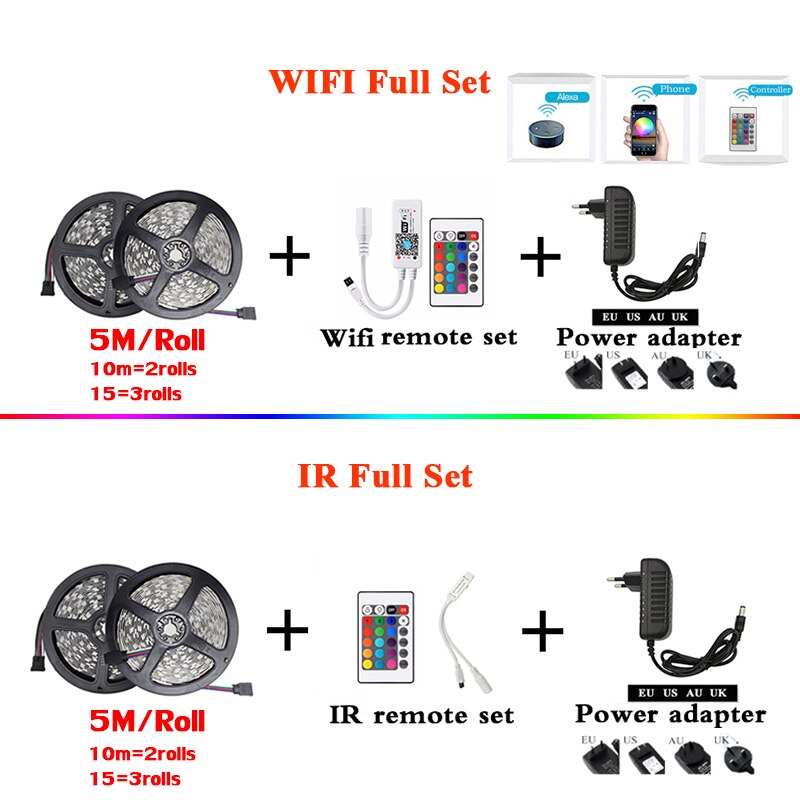 RGB LED Strip Light SMD 2835 5M Waterproof RGB Tape DC12V Ribbon diode led Strips Light Flexible Stripe Lamp IR WIFI Controller