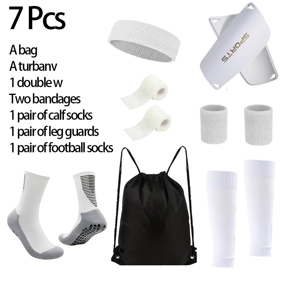 7- delad dragskoväska för män, fotbollsstrumpor, benskydd, 1 par vadstrumpor, 2 armband, 1 par bandage och pannband: Vit