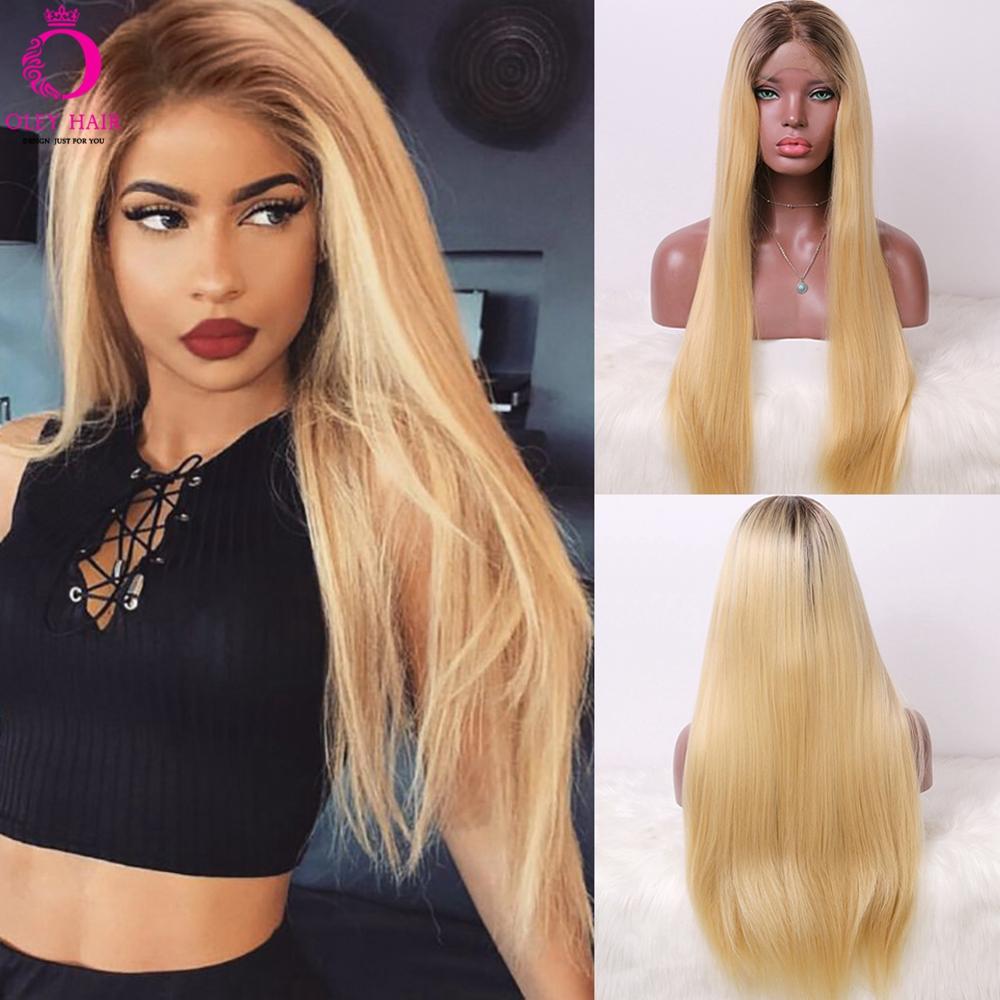OLEY-peluca sintética recta resistente al calor para mujer peluca con malla frontal de alta densidad, largo degradado, rubia, sin pegamento, Cosplay
