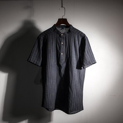 Camisa Algodón Lino Hombre - Rayas Verticales - Cuello Mao Manga Corta - Pulóver Casual: Negro / Talla asiática xl