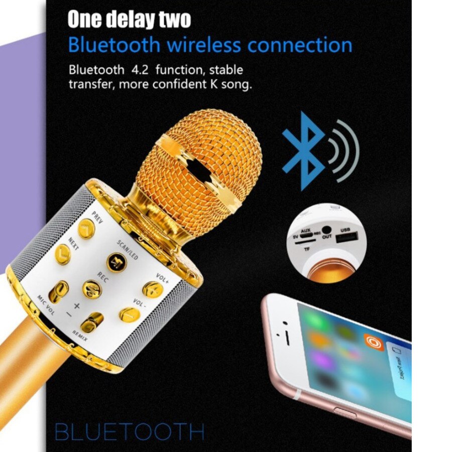 Ws858 L Wireless Karaoke Microphone Bluetooth Speaker Led Light Handheld Sing & Recording Portable KTV For IOS/Android Phone