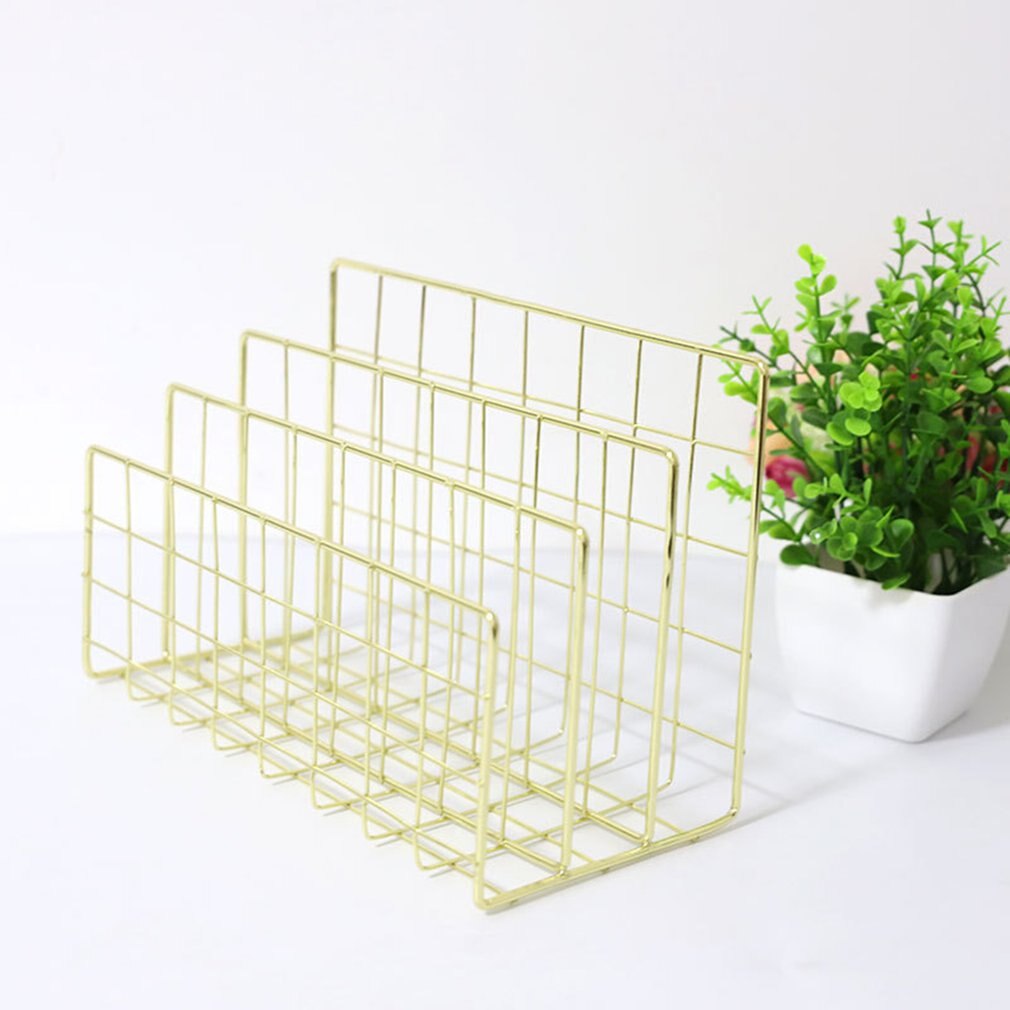 Durable and Convenient Wrought Iron Metal Three Grid Bookshelf Book Stand Desktop Decoration File And Book Organizer