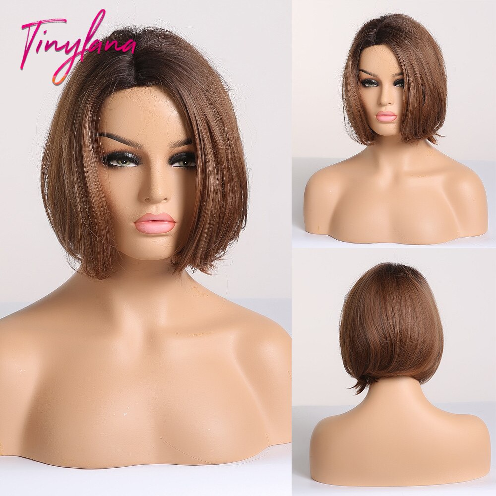TINY-pelucas sintéticas de LANA recto oscuro para mujer, con flequillo, peluca de Bob corto, pelo Bobo resistente al calor, para Cosplay: ss132-1