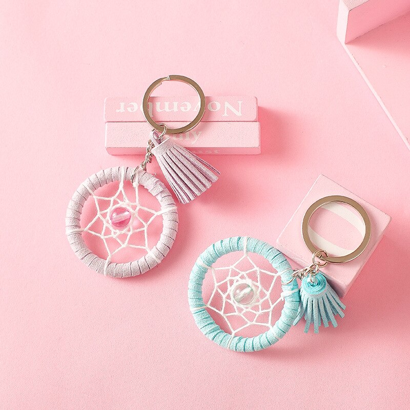 Porte-clés attrape-rêve avec pompon , petit porte-clés en métal frais pour fille coréenne, porte-clés de sac pendentif pour fille