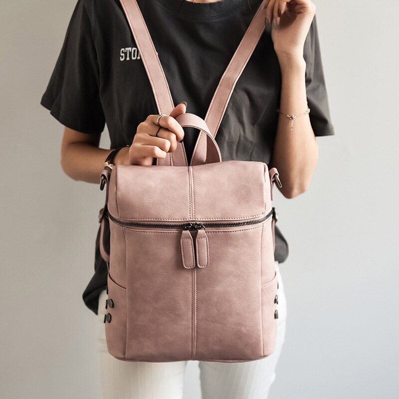 Einfache Stil Rucksack Frauen Leder Rucksäcke Für Teenager Mädchen Schule Tasche Jahrgang fest Schwarz Reise Schulter Tasche Jugend: Rosa