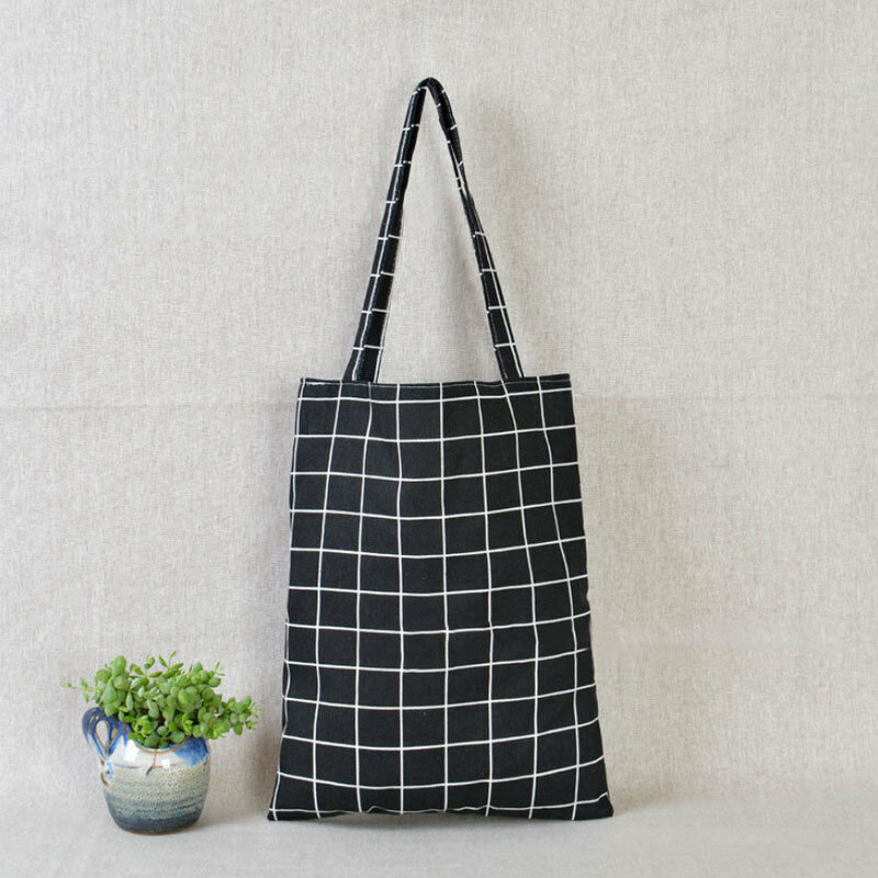 Durable Women Student Cotton Linen Single Shoulder Bag Shopping Tote Check Plaid Female Flax Canvas Shopping Bags: Black