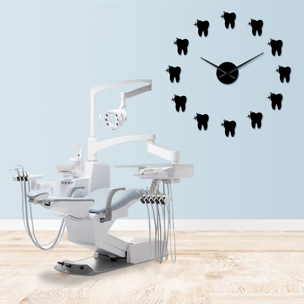 Teeth 3D Mirros Stickers Modern Tooth Style DIY Large Wall Clock Dental Office Wall Decor Silent Non Ticking Big Clock