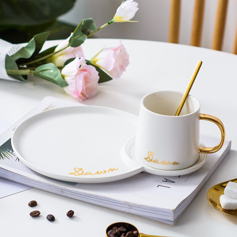 Europese Koffie Mok Set Luxe Gouden Ontbijt Schotel Mate Cup Thee Cup Set Porselein Tazas De Cafe Melk Mokken AC50BD: White-set