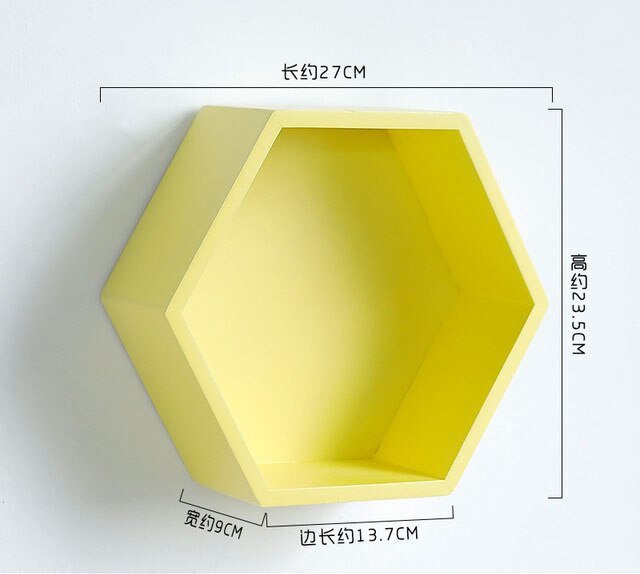 Estantes de pared hexagonales, estante de almacenamiento de madera decorativo, estantes flotantes, decoración para la habitación, estante geométrico: yellow