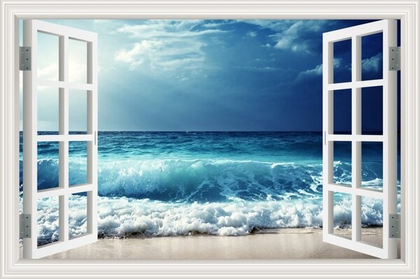 3D Full Colour Cloudy Sea Wave View False Faux Window Frame Window Mural Vinyl Bedroom Wall Decals Stickers