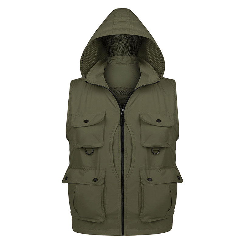 Quick Drying Photography Reporter Vest For Male Removable Back Multi Pockets Hooded Waistcoat Hiking Fishing Jackets Size L-XXXL