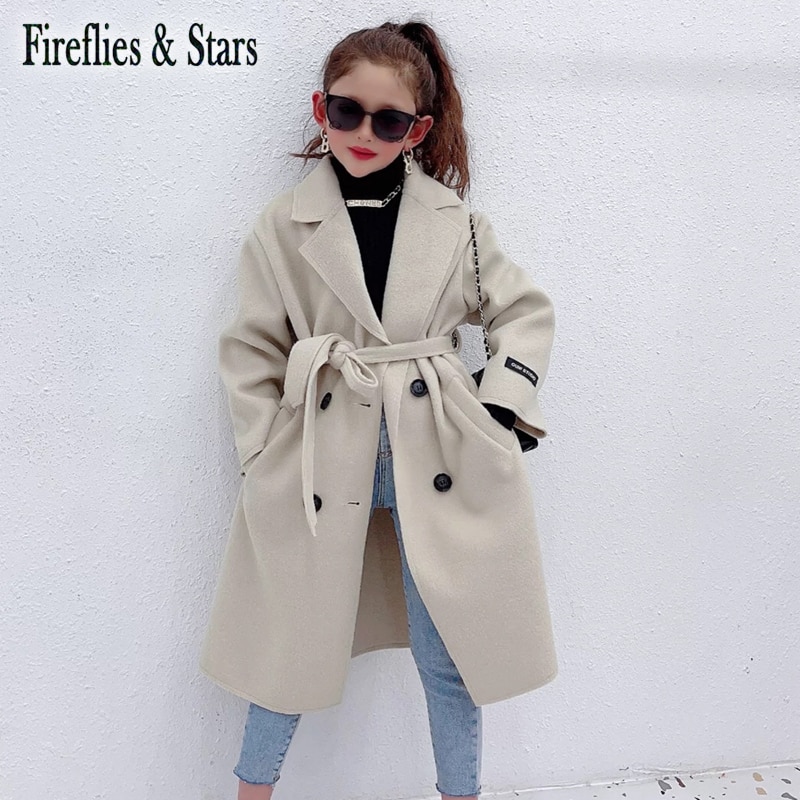 Herfst Winter Meisjes Blends Baby X Lange Jas Kinderen Uitloper Kinderen Kleding Sleeveband Dubbele Geconfronteerd Fleece Beige 3 Om 14 jr