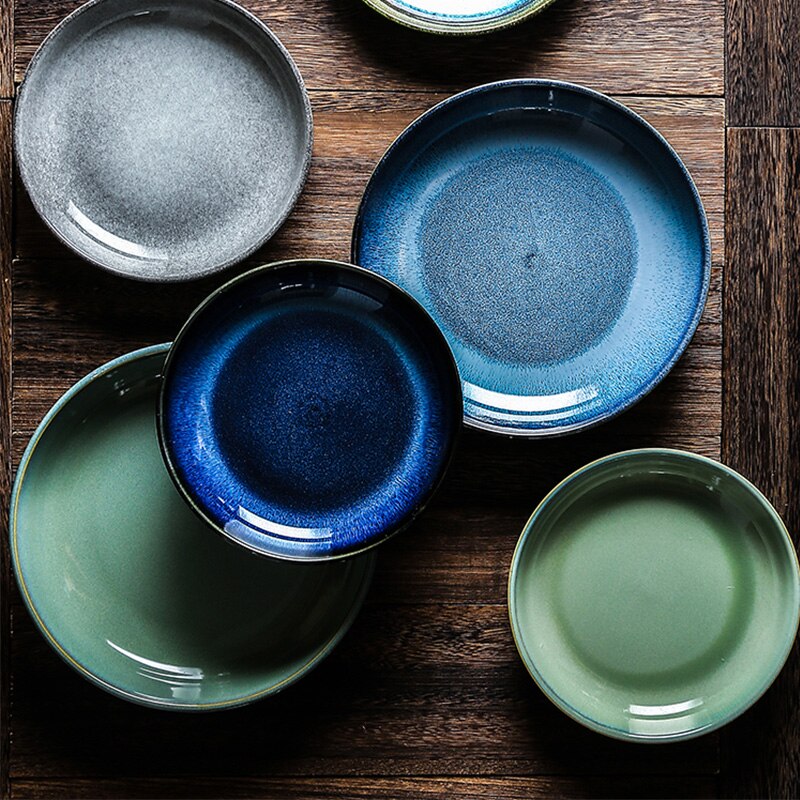 Nordic ceramic plates Restaurant kitchen food Salad dessert steak Dish Plate Gradient blue Round Salad Platter Dish Dinnerware