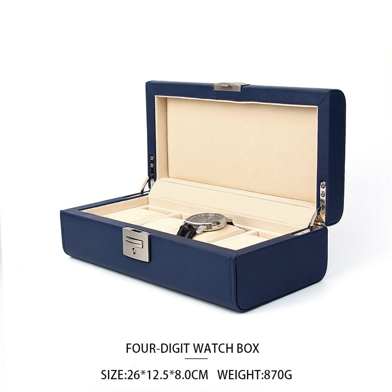 high-end PU leather hand 10-digit watch storage box 4-digit watch jewelry box with lock watch storage display box: Blue 4 watch box