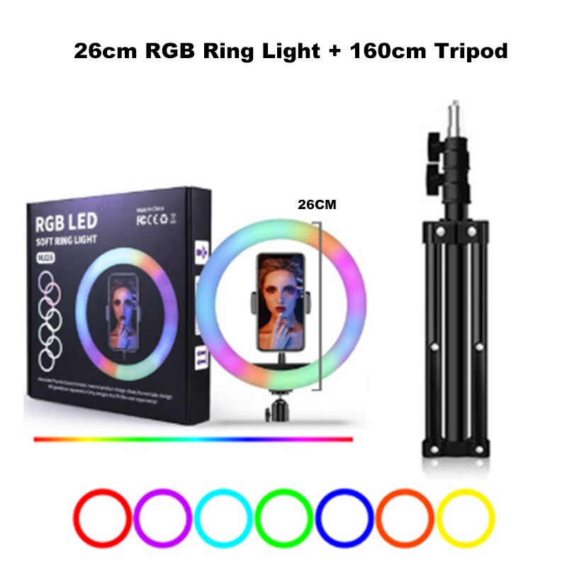 10 inch RGB Led Ring Fill Light With Tripod Mobile Phone Holder Lamp For Live Video Photography Colorful Selfie Lighting 26cm: 26cm rgb 160cmtripod