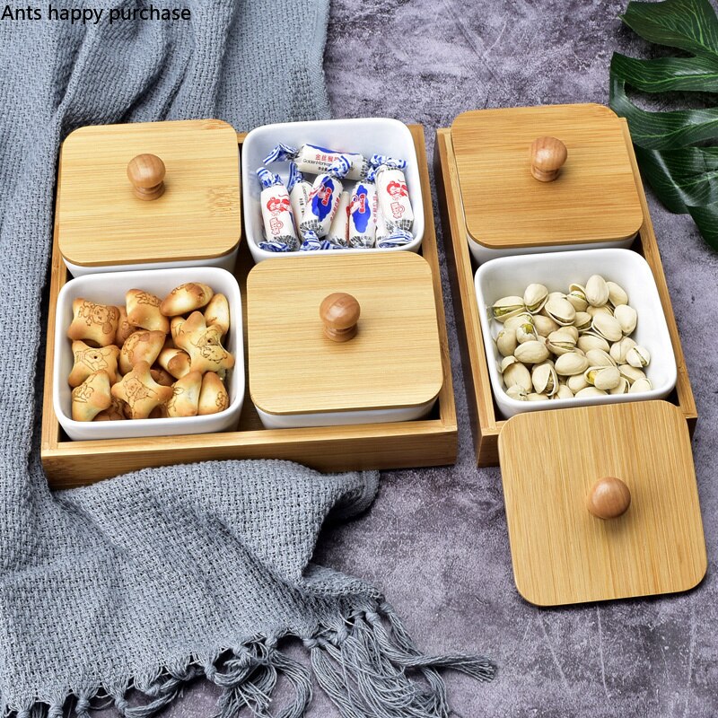Dried Fruit Box Japanese-style Ceramics Snack Platter Candy Storage Box with Cover Home Nut Dim Sum Plate Bamboo Tray
