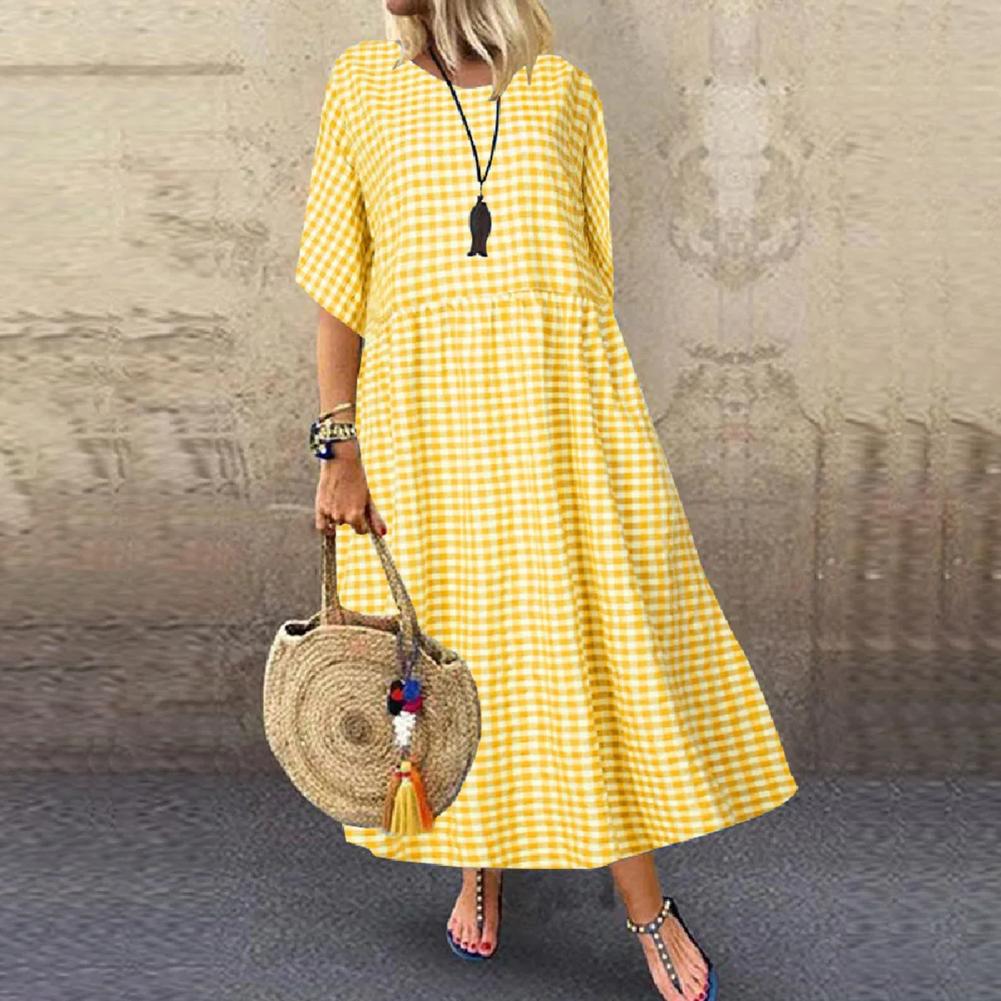Short Sleeve Dress Stylish Check Print Maxi Dress for Women A-line Silhouette Short Sleeves Pleated for Commuting Dating