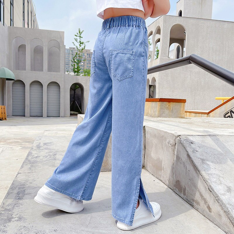 Teen Girls Summer Elastic Waist Wide-Leg Pants Loose Soft Split Denim Trousers Students Jeans 6 8 10 12 13 14 Years Old