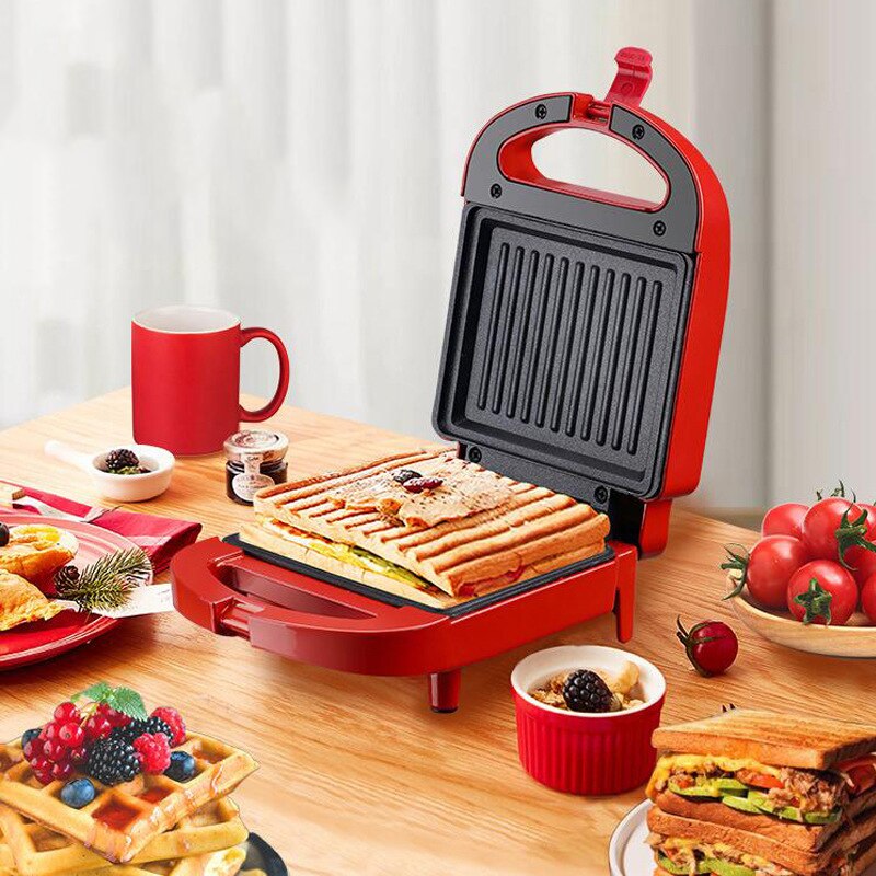 Beemsk 220v smörgåsmaskin maskin mini elektriska våffelmaskin multifunktionell frukostmaskin uppvärmning toast tryckbrödrost: Röd