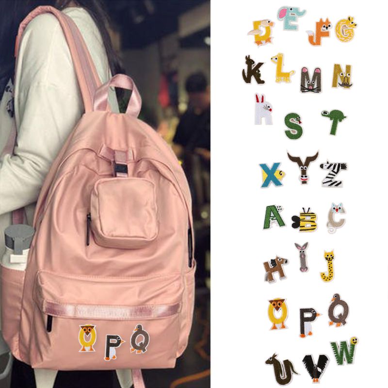 26 pçs inglês letras remendos desenhos animados animal alfabeto bordado apliques ferro em/costura crachá para crianças roupas diy