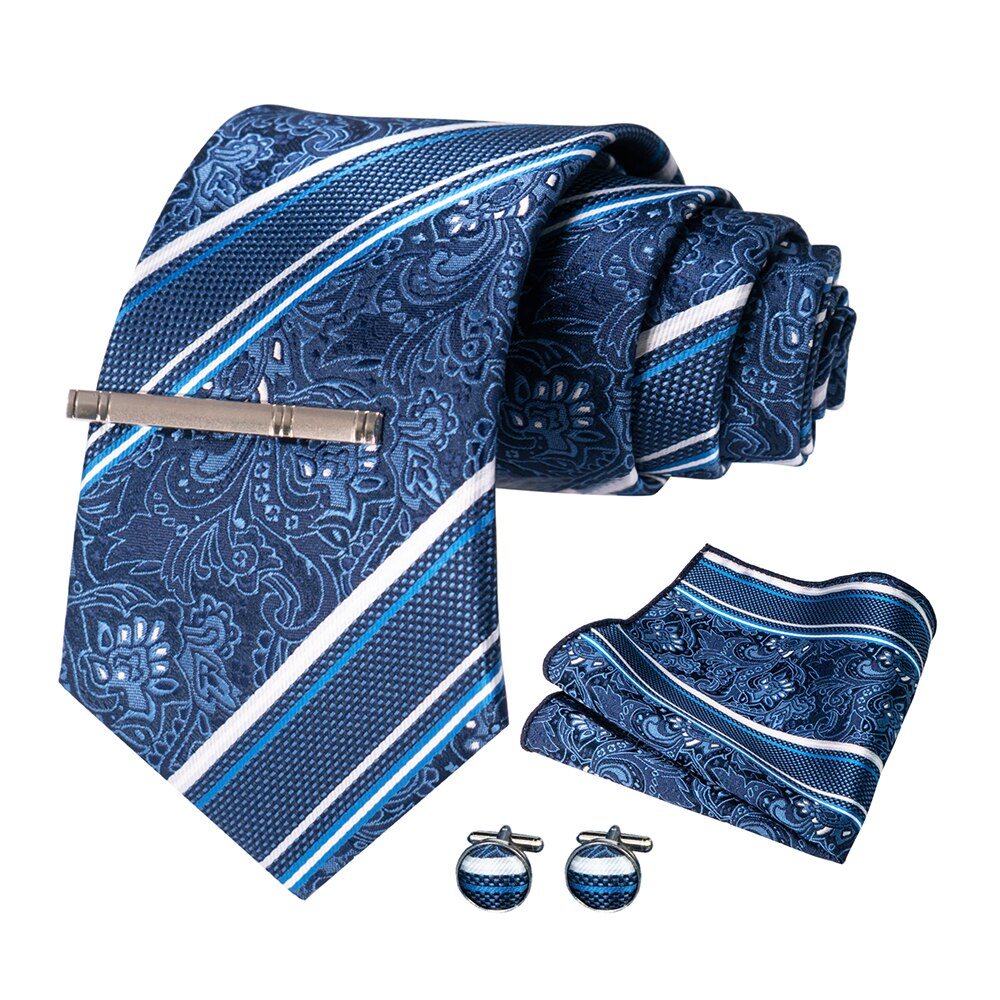 JEMYGINS – cravate en soie pour hommes, ensemble de boutons de manchette, à carreaux, rayures, bleu marine, 100%: 005