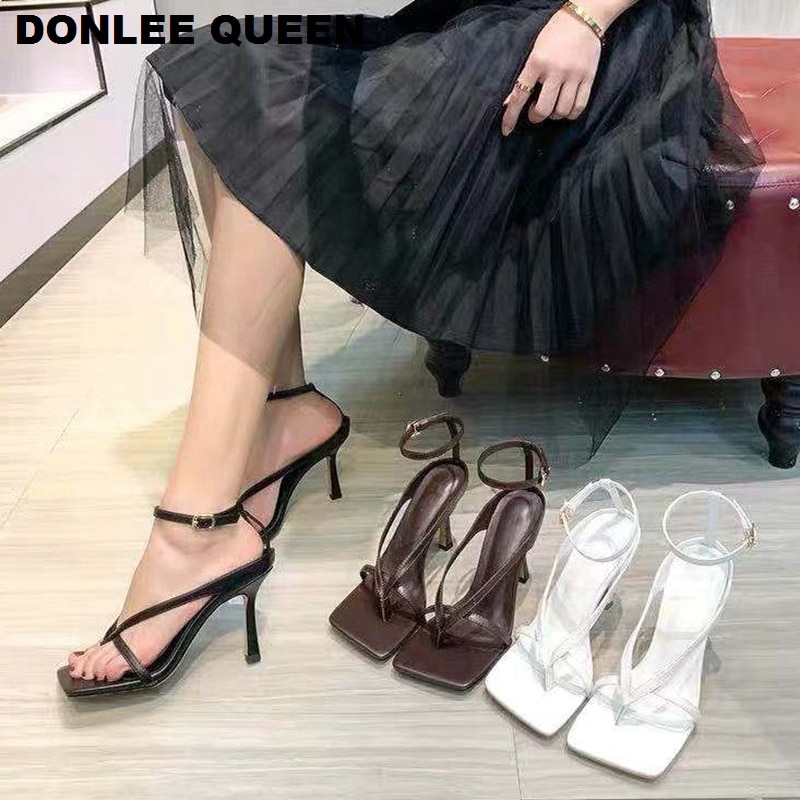 Lente Zomer Vierkante Teen Slingback Sandalen Smalle Band Gladiator Sandalen Schoenen Vrouwen Hoge Hakken Pumps Party Dress Schoenen
