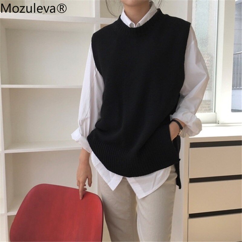 Mozuleva kvinder sweater vest o-hals ærmer pullover strikket vest kontor dame temperament afslappet chic vest coatwinter