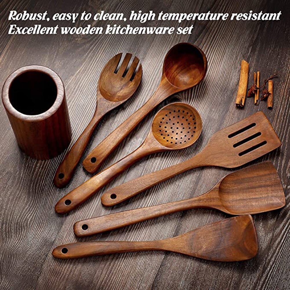 1-9 unids/set juego de utensilios de cocina de madera, cucharas de madera para cocinar, utensilios, cucharas de madera de teca Natural para de sartén antiadherente