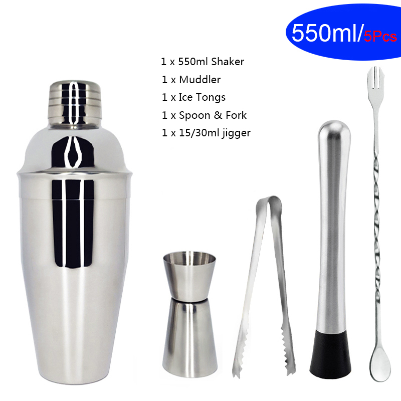 Stainless Steel 550ml/450ml/600ml/750ml Shaker Cup With Measuring Cup Cocktail Shaker Set Cocktail Kit Bar Tools Stand Recipe: 5Pc 550ml