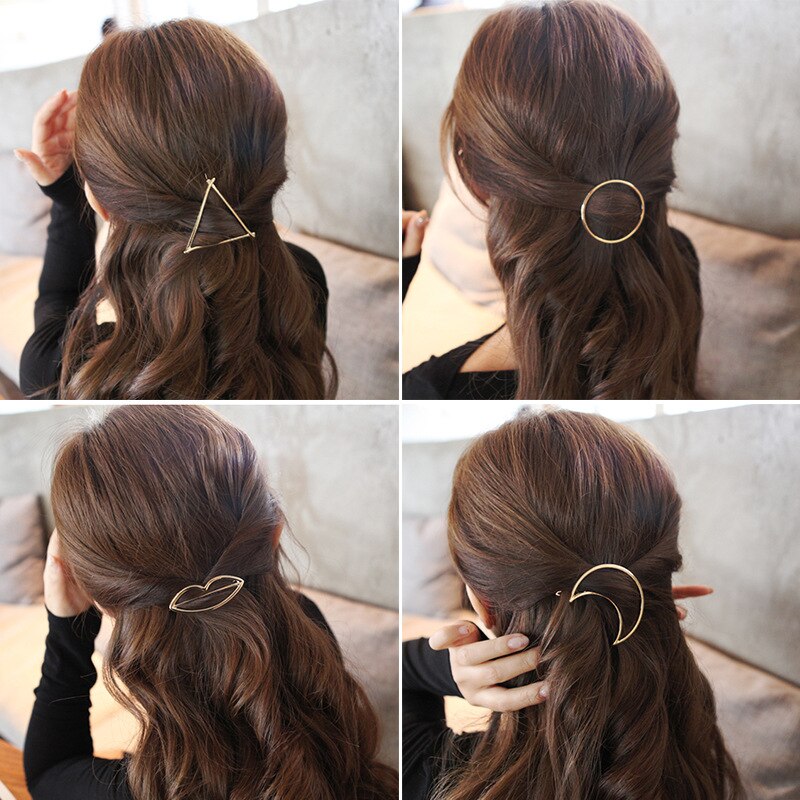 2Pcs Hollow Geometrische Haar Clip Voor Vrouwen Elegante Driehoekige Moon Star Cirkel Metalen Barrette Haarspeld Hoofd Accessorie