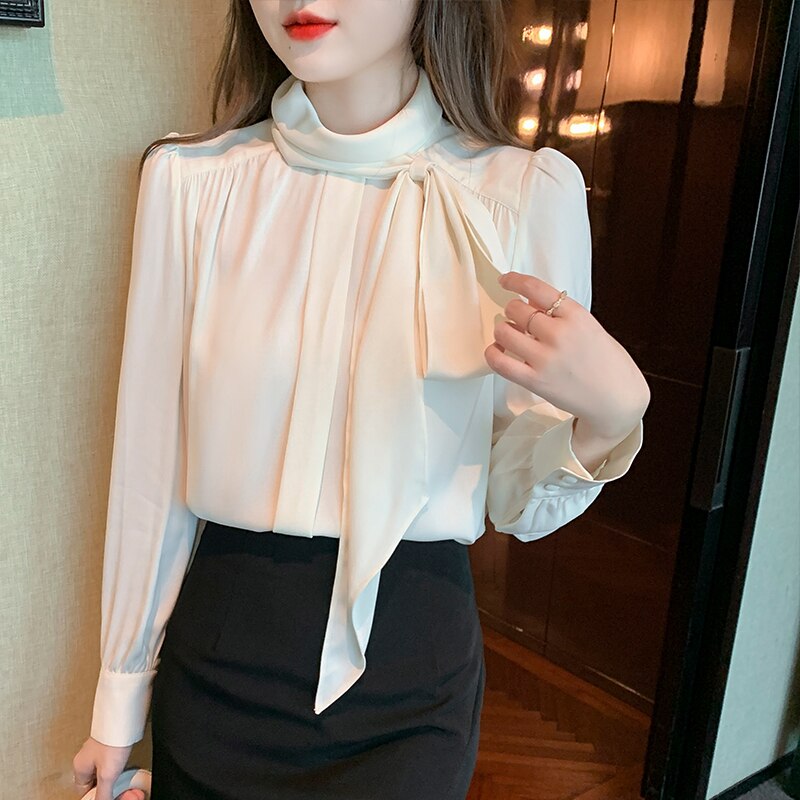 Zijden Sjaal Chiffon Shirt Vrouwen Solid White Ontworpen Office Dames Losse Blouse Vrouw Tops Blusas Mujer Lente 2022: Abrikoos / L