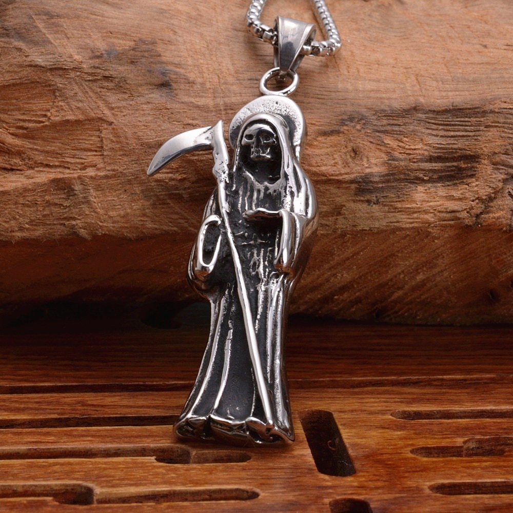 Silver color Stainless Steel Holy Saint Death Santa Muerte Skull Biker Pendant