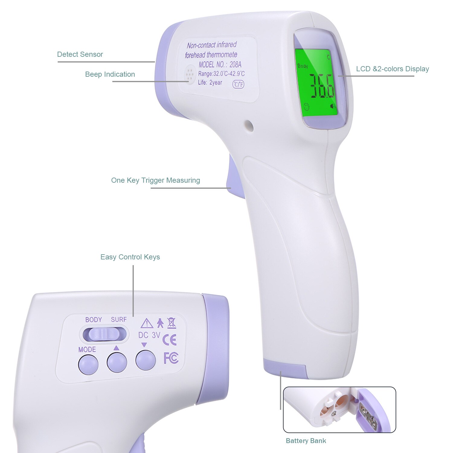 Non-contact Infrafred Termometro Forehead Ear Termometro Beep Alarm LCD Display 2-color Backlight Temperature Measurement