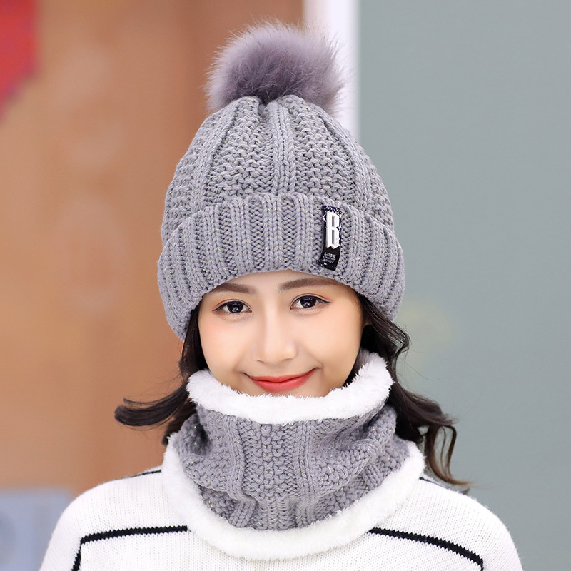 Tørklæde og hat sæt kvinder vinter plus fløjl fortykning hatte strikket trendy varme tørklæder koreanske kvinder solid sød studerende dagligt: Grå