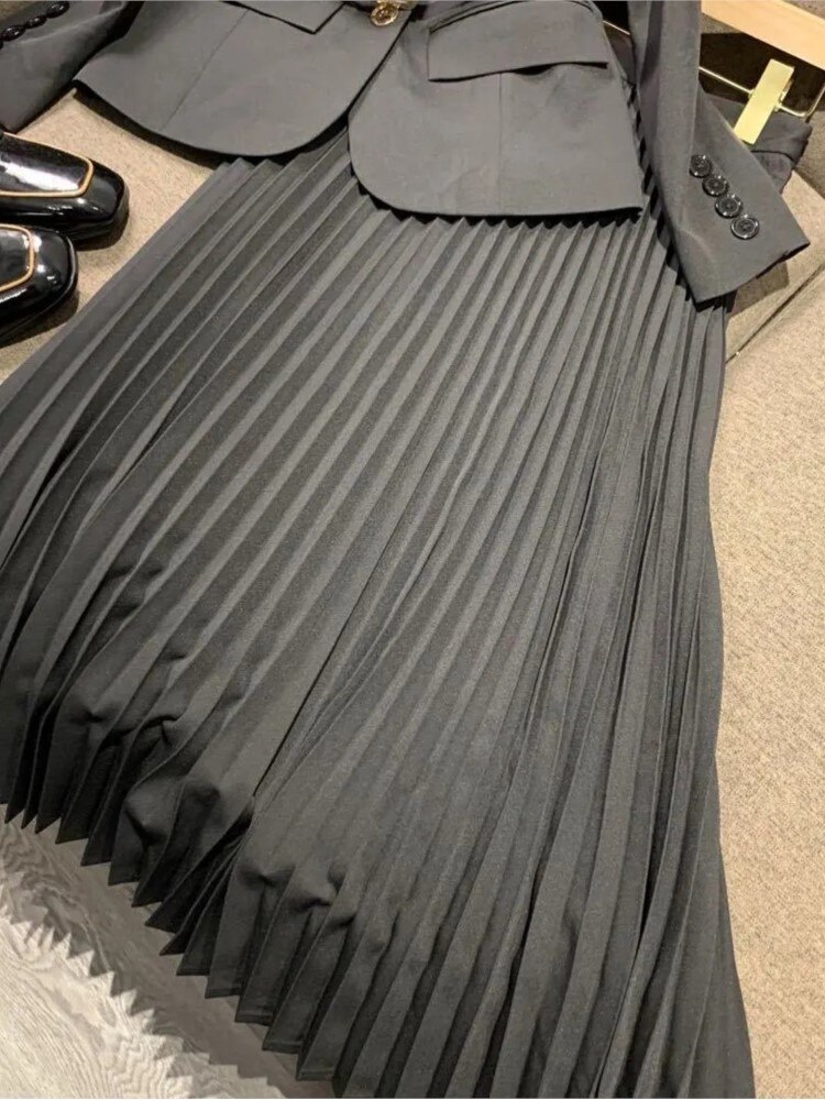 Blazer con cinturón + Falda plisada Midi para mujer, conjunto de 2 piezas, chaqueta de manga larga para oficina, traje