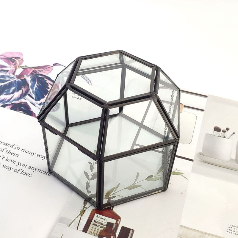 Clear Glass Hexagonal Jewelry Box with Lid, Hinged Top Lid Terrarium Jewellery Display Storage Organizer, Box Tabletop Display