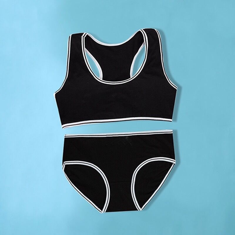 Young Girls Bra Teens Girl Underwear Puberty Student Sriped Training Bra Underwear Set: Black