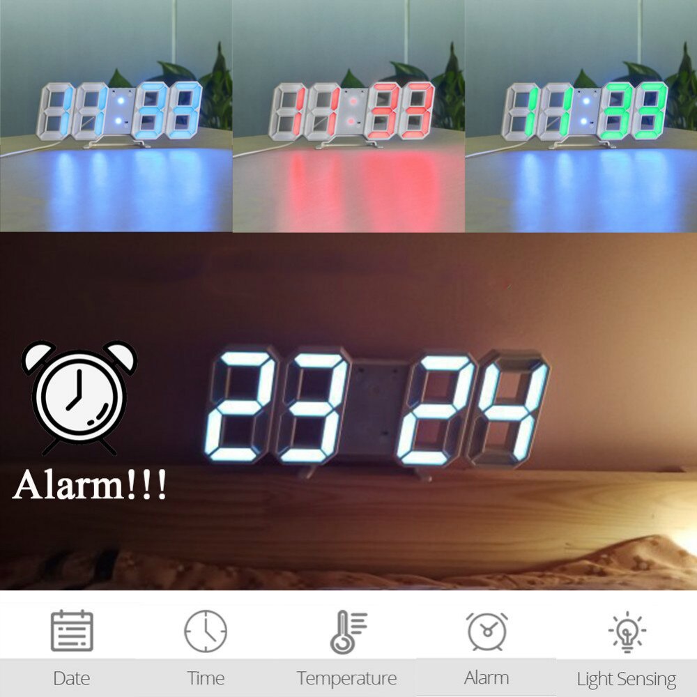 Modern Digital 3D LED Wall Clock USB Large Alarm Clock Snooze 12/24 Hour Display