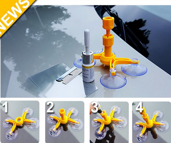 Yellow Car glass repair tool set windshield repair agent tripod suction cup glass repair agent tool