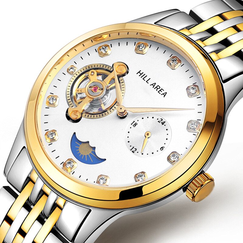 Nary/Nary Mechanical Wrist Ch Men Day And Night Stars Diamond Set Tourbillon Erproof Non-Quartz: Steel Belt between Gold Flour