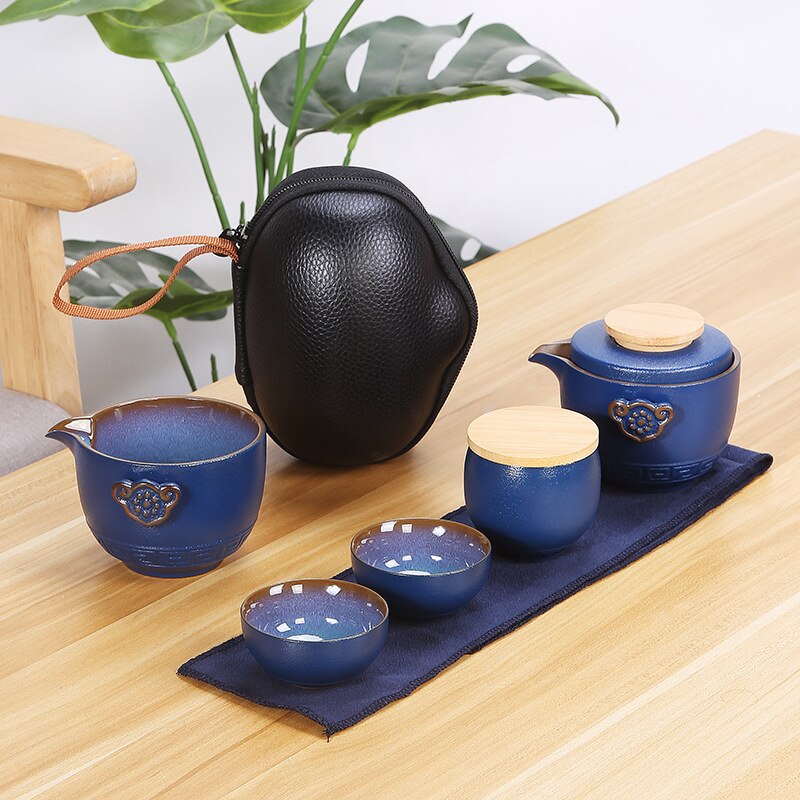 Chinese Thee Set Van 6 Reizen Thee Set Kung Fu Theeset Keramische Draagbare Theepot Porselein Teaset Gaiwan Thee Kopjes theeceremonie: blue Tea set of 6