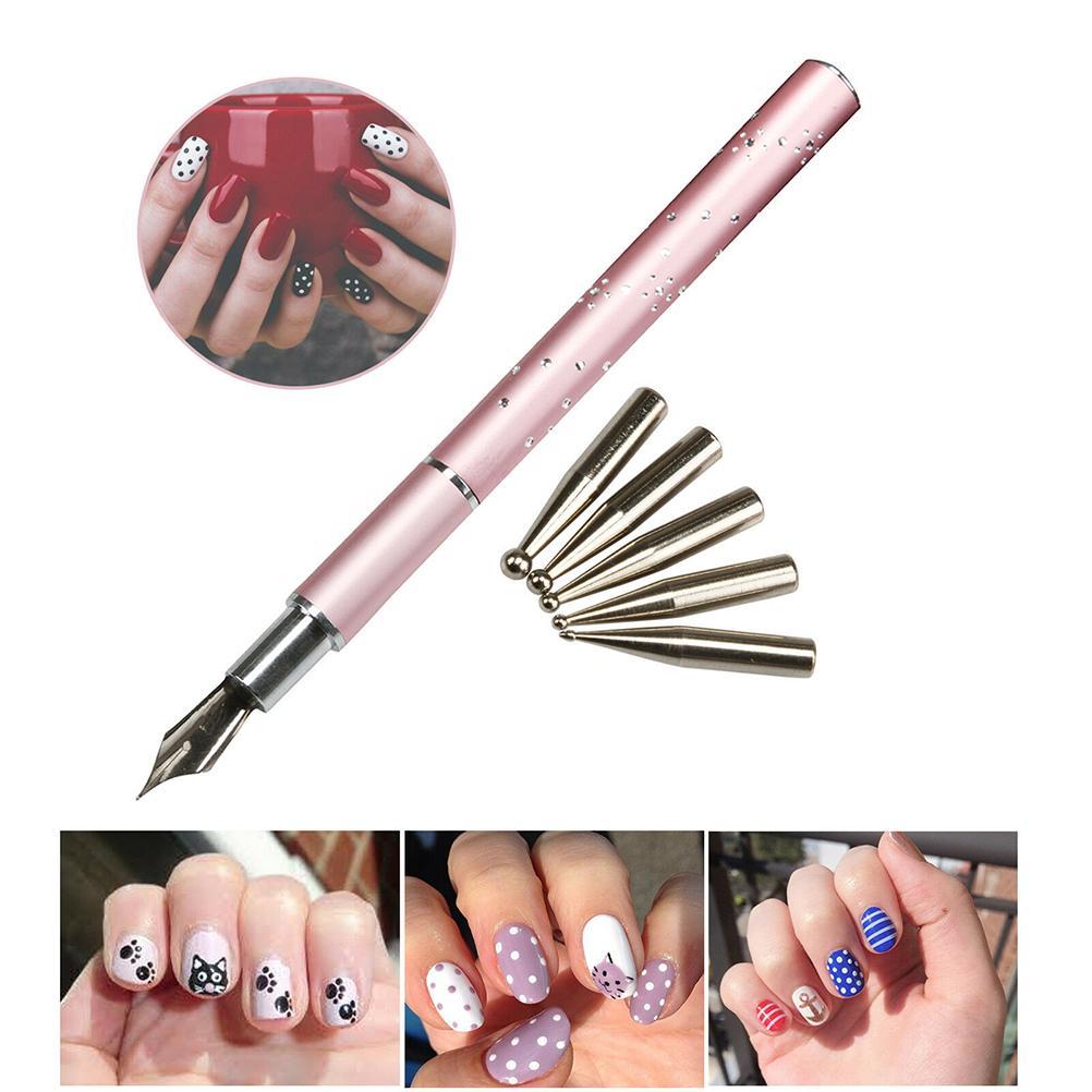 Nail Art Fijne Kant Tekening Pen Met Metallic 5 Pen Tips Rvs Puntjes Voor Salon Manicure Diy Nail Art gereedschap