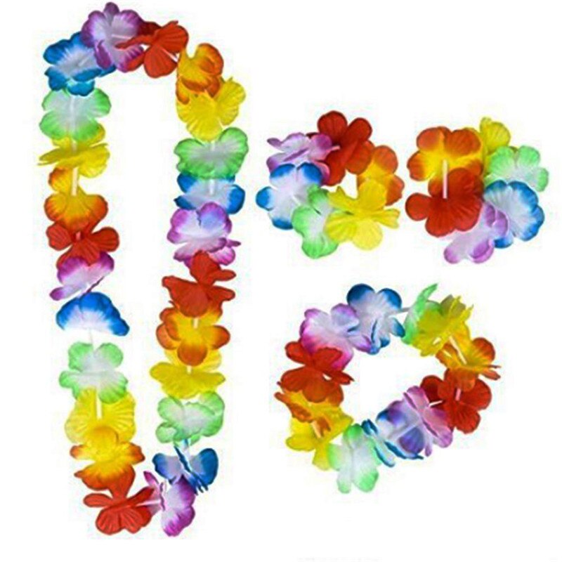 Set van 4 bloemenkransen, kettingen, hoofdbanden, armbanden, polsbanden, hawaiiaanse hulakransen, strand, zwembad, dansfeest, verkleedkleren