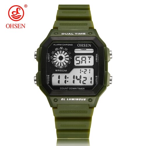 OHSEN Digital Sport Men Watch 50 Waterproof Diving Man Casual Wristwatches Alarm Stopwatch blue Watches Reloj Hombre: Army GREEN Watch