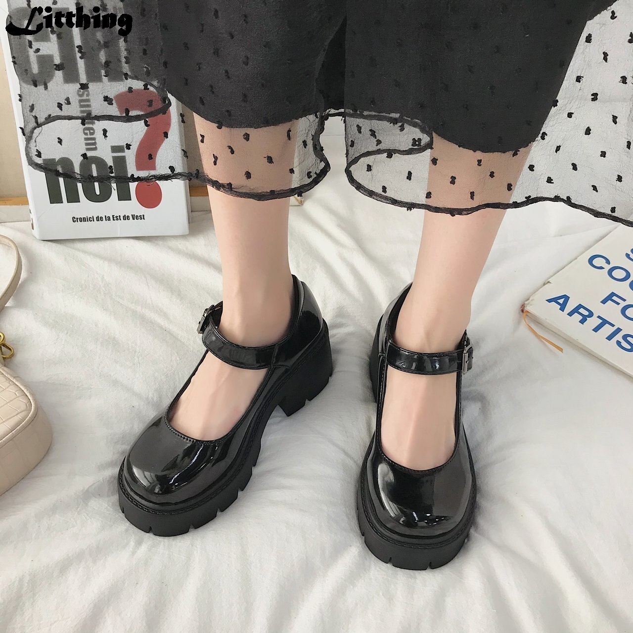 Zwarte Hoge Hakken Schoenen Vrouwen Pompen Wig Lakleer Platform Schoenen Vrouw Ronde Neus Mary Schoenen Mujer